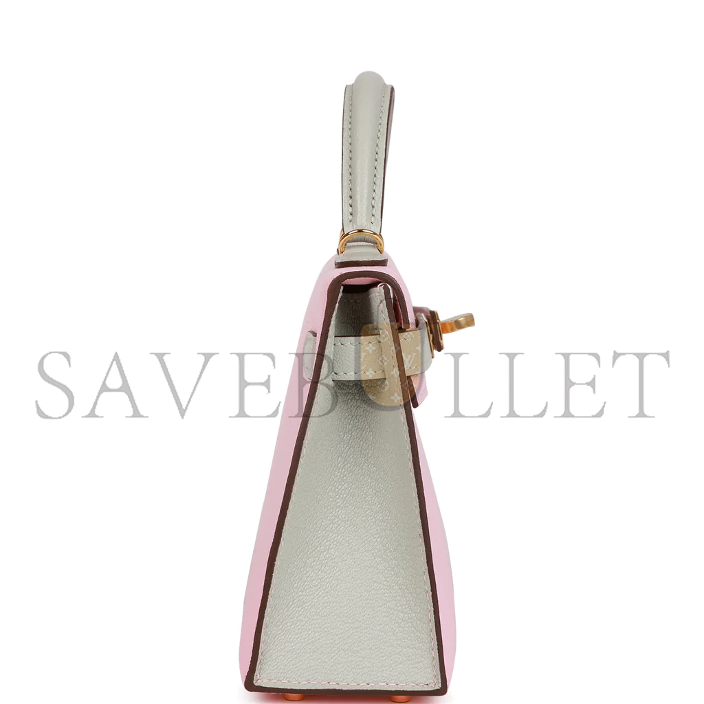 HERMÈS MINI KELLY II ROSE SAKURA AND GRIS PERLE CHEVRE GOLD HARDWARE (19*12*5.5cm)
